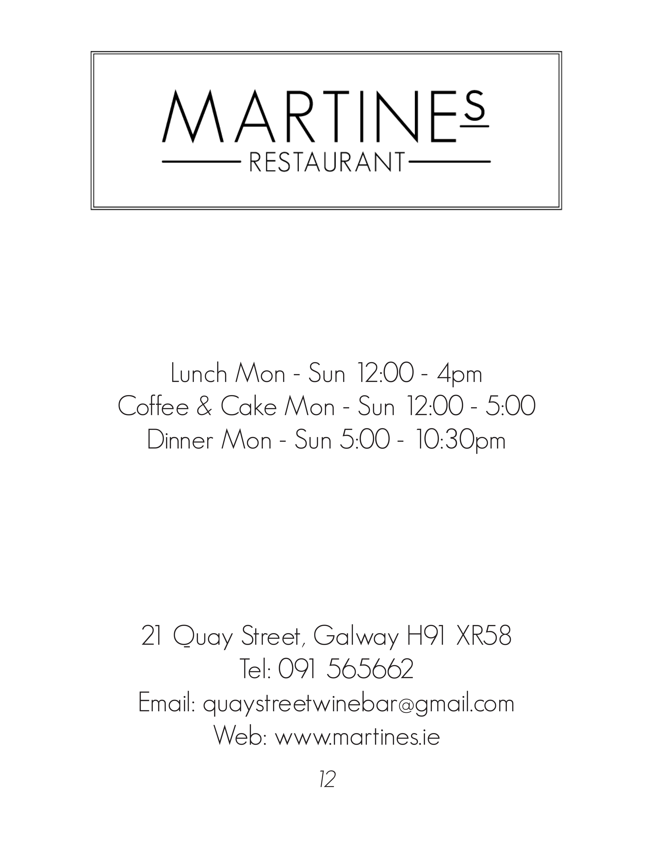 Our Menu Martine's of Quay Street